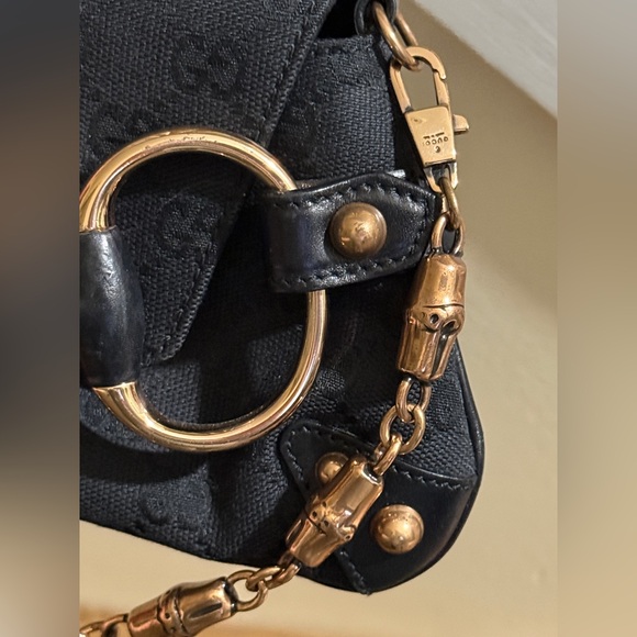 AUTH GUCCI HORSEBIT shoulder bag black pink stripe monogram stud bamboo detail - Picture 15 of 16